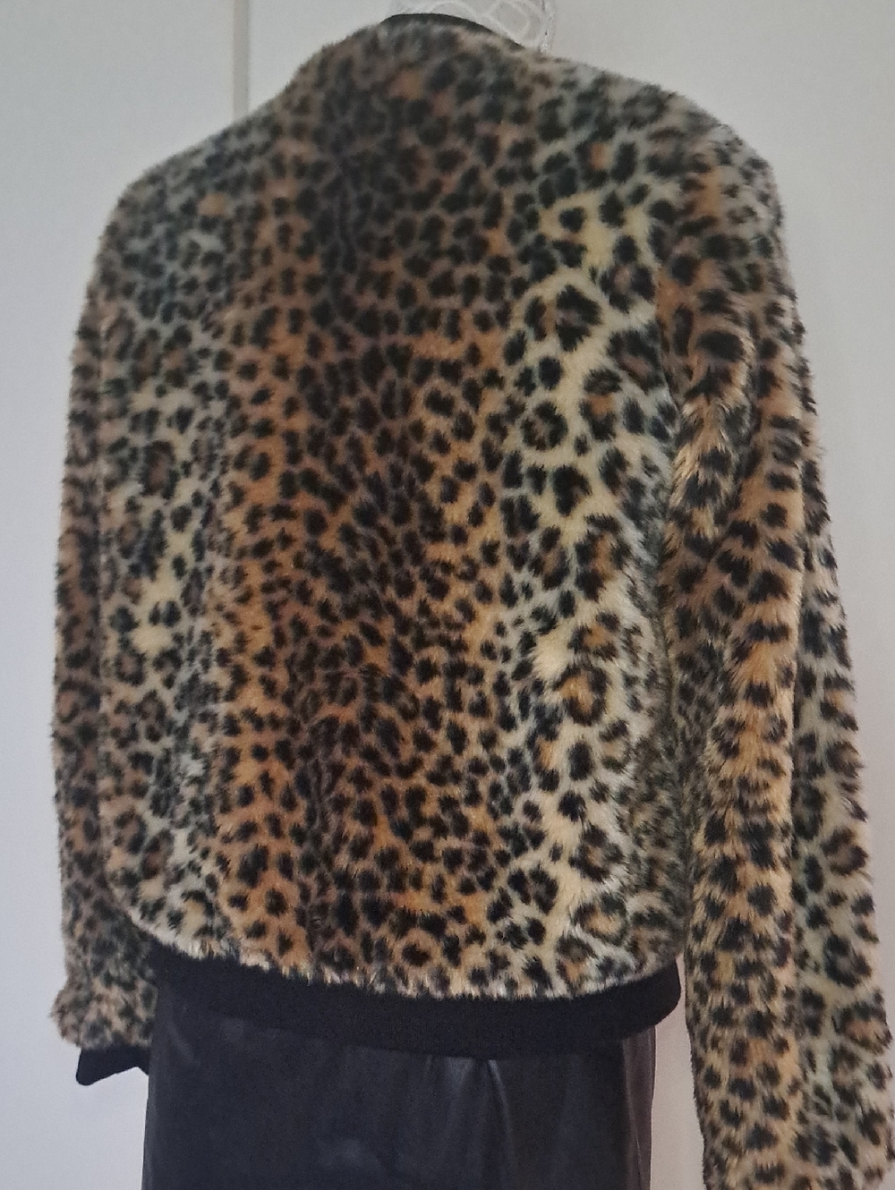 Skies Are Blue Leopard Print Faux Fur Bomber Jacket - Brown/Tan/Black - Picture 5 of 12